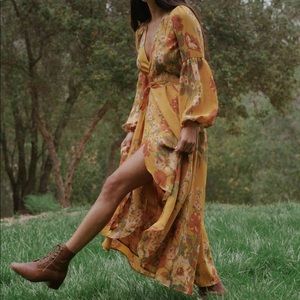 christy dawn bergen mustard floral high low wrap long sleeve maxi dress